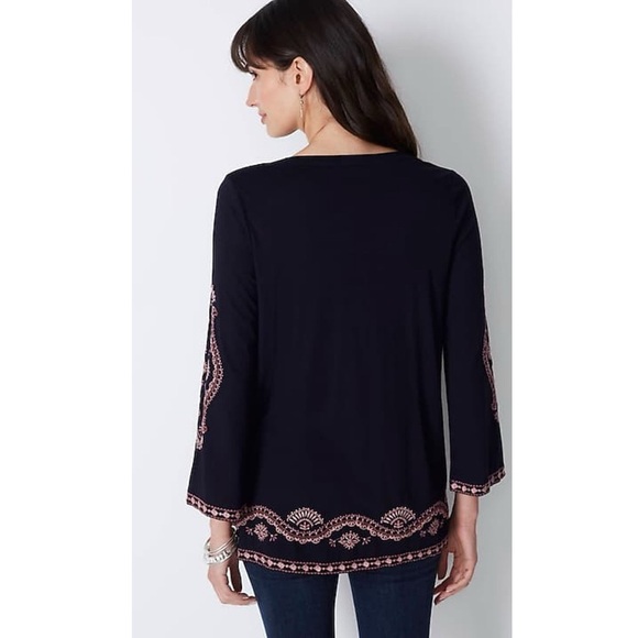J.Jill Petite S Black Pink Embroidered Bell Sleeve Boho Tunic Top India - Picture 9 of 10